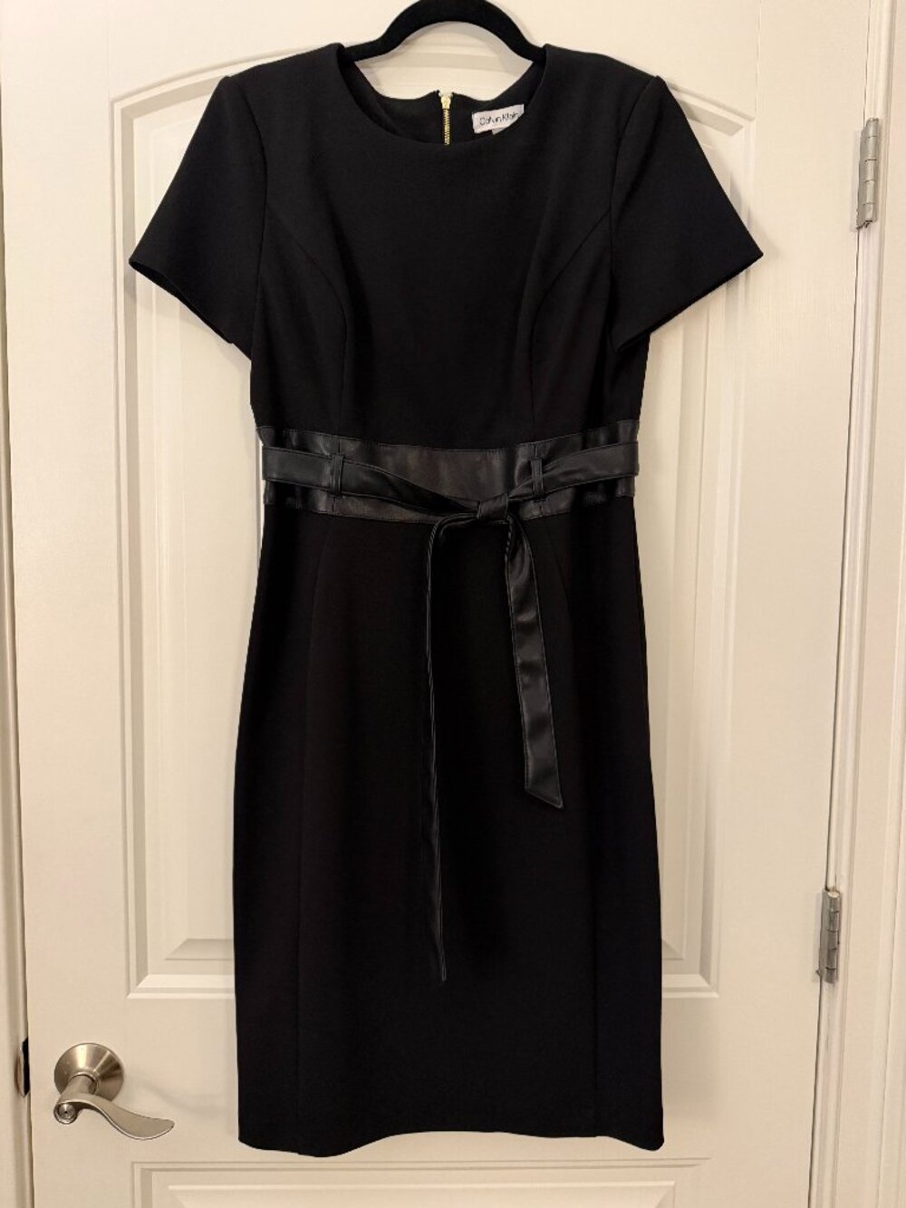 Calvin Klein Black Faux Leather Belted Sheath Dress – Size 10